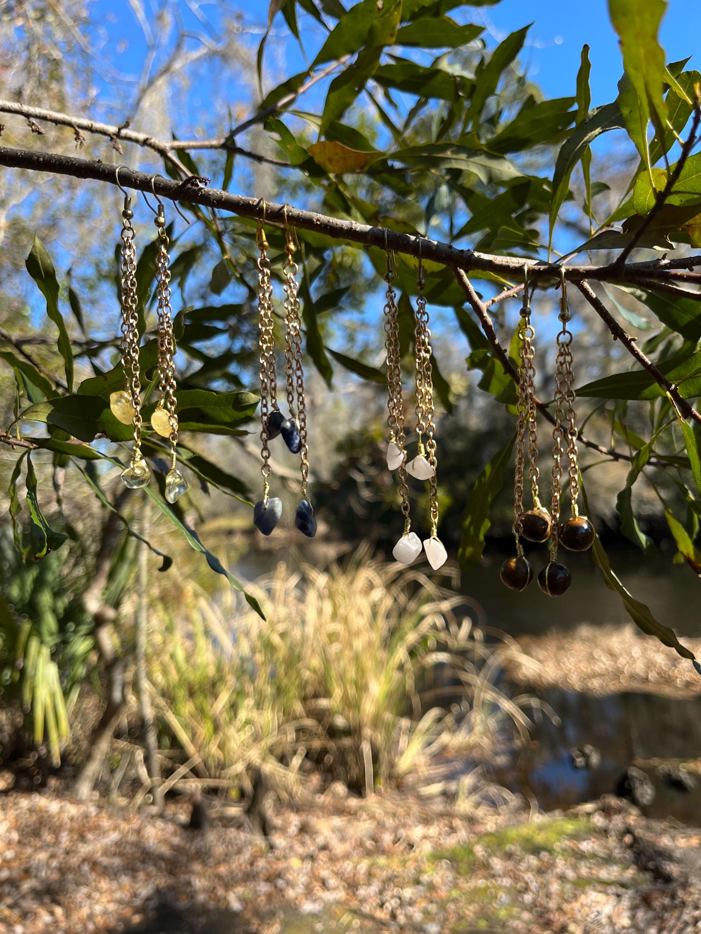 Crystal Chain Link Drop Earrings – Rose Quartz, Lapis Lazuli, Tiger’s Eye & Citrine