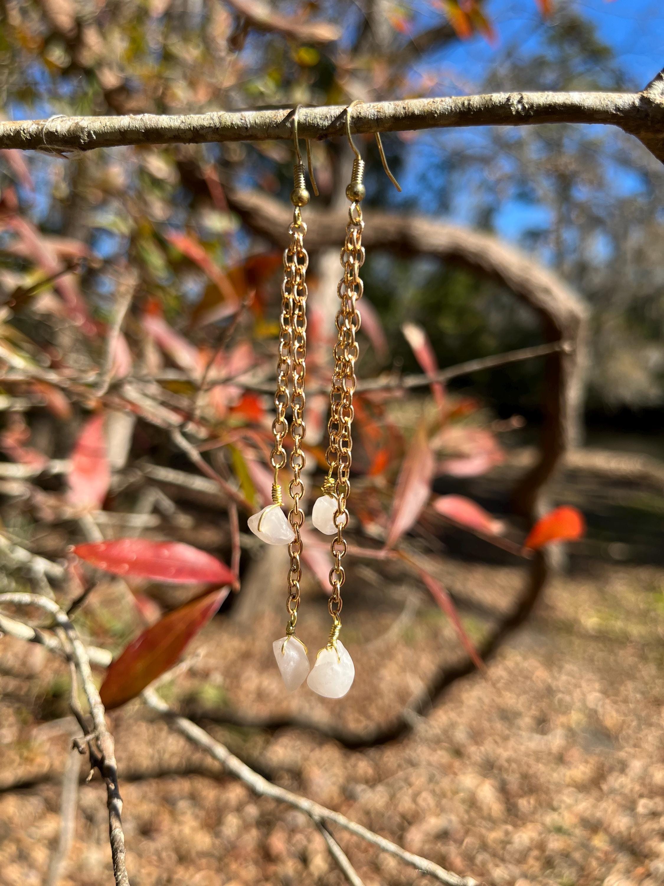 Crystal Chain Link Drop Earrings – Rose Quartz, Lapis Lazuli, Tiger’s Eye & Citrine