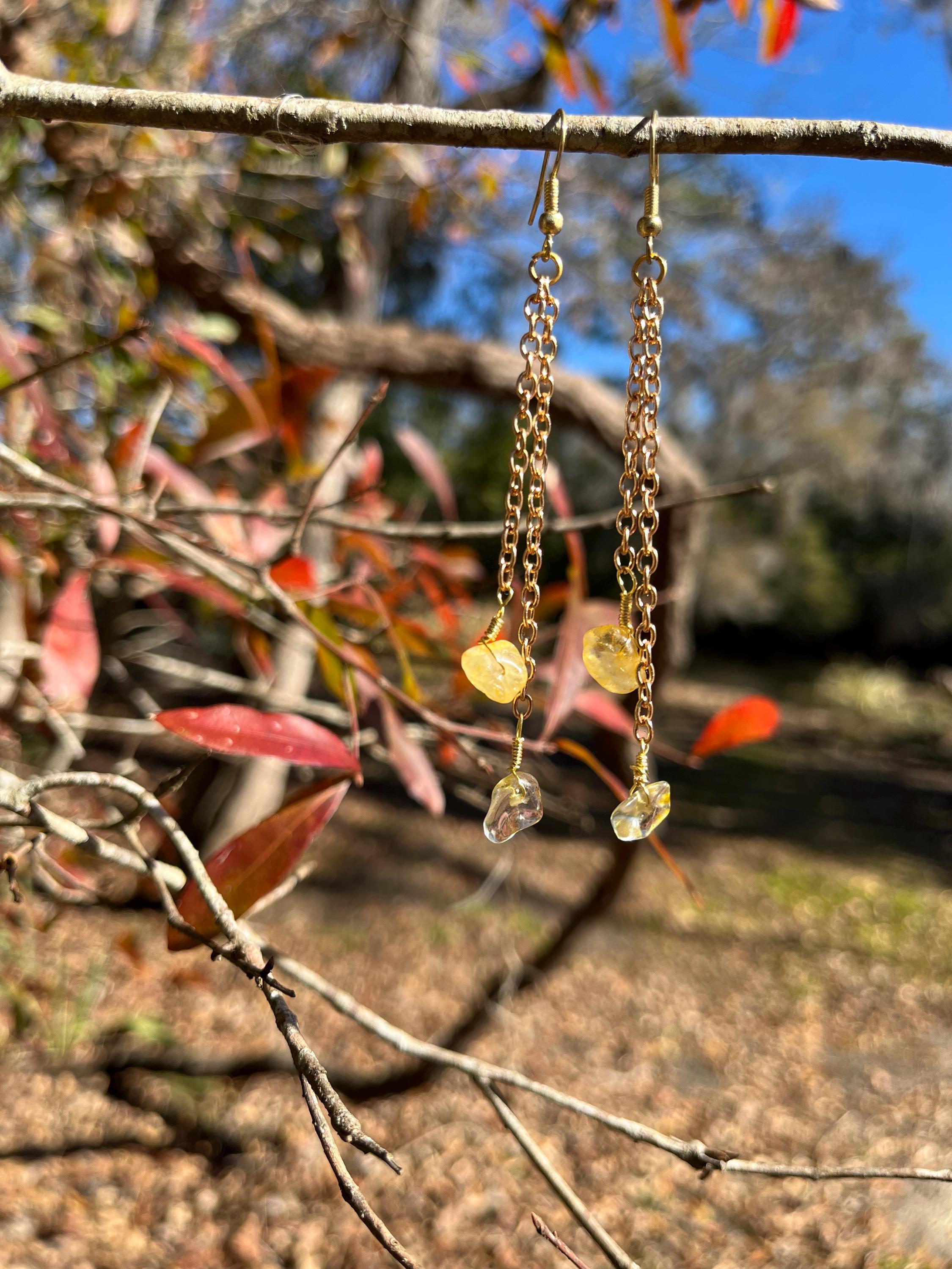 Crystal Chain Link Drop Earrings – Rose Quartz, Lapis Lazuli, Tiger’s Eye & Citrine