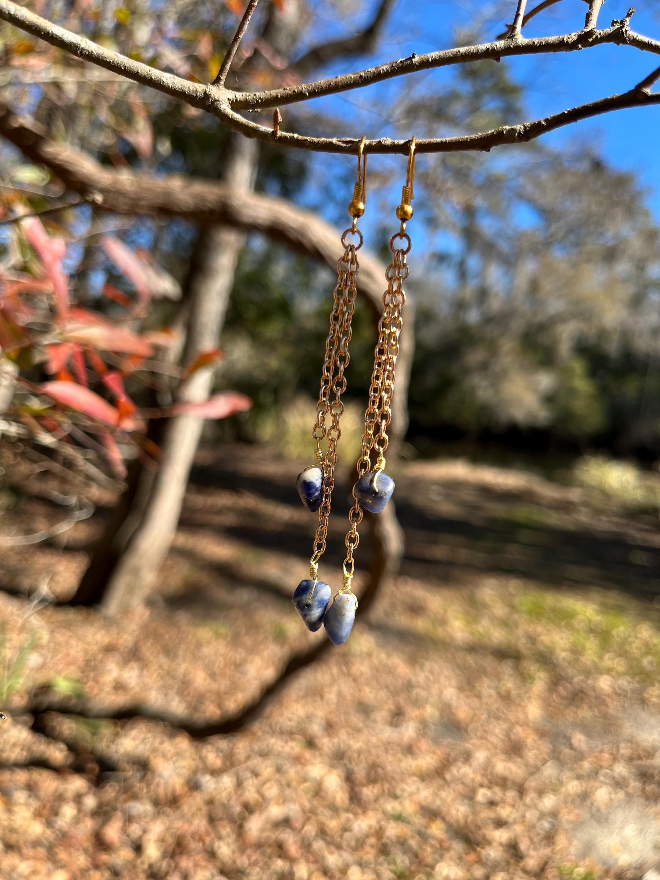 Crystal Chain Link Drop Earrings – Rose Quartz, Lapis Lazuli, Tiger’s Eye & Citrine