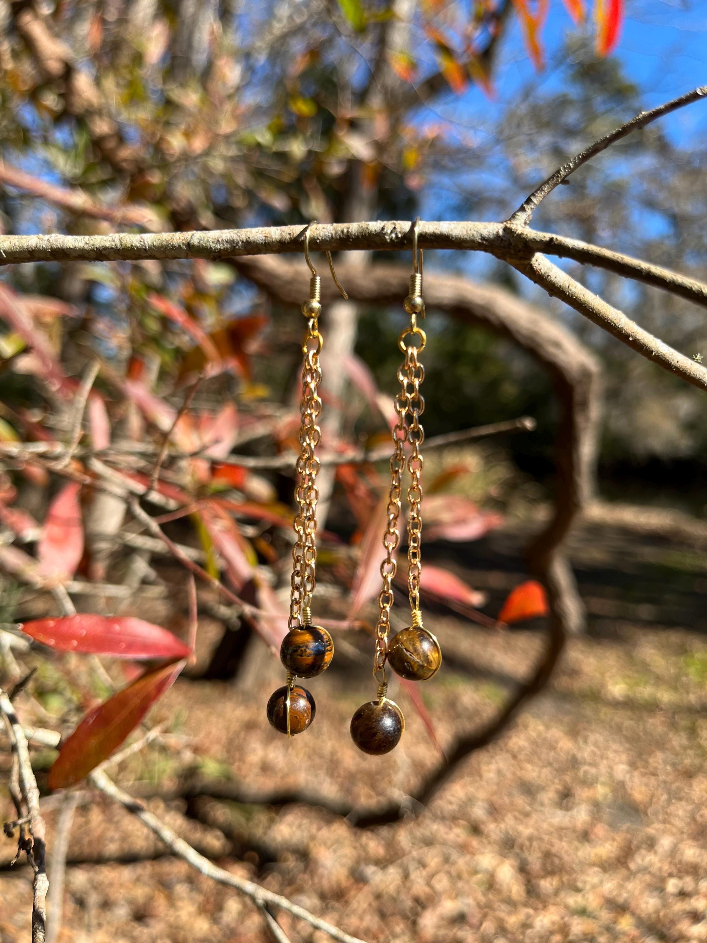 Crystal Chain Link Drop Earrings – Rose Quartz, Lapis Lazuli, Tiger’s Eye & Citrine